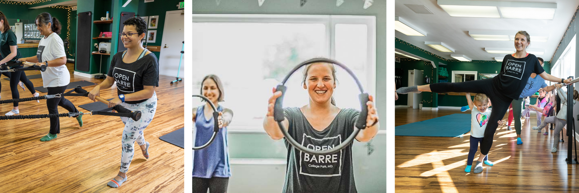 three images of women at ballet barre smiling wearing grippy socks and leggings during workout